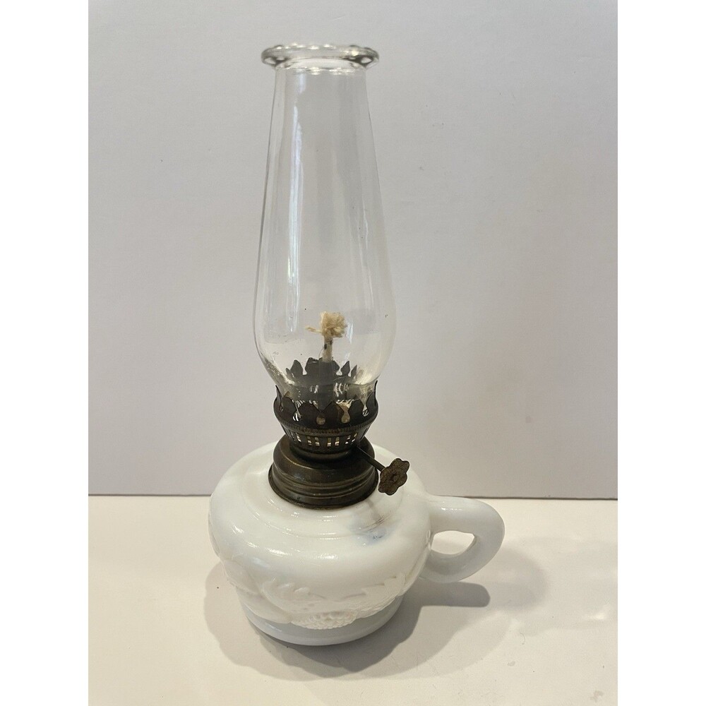 Vintage Miniature Milk Glass Oil Lamp with Ornate Ruffled Chimney